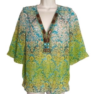KAY CELINE Green Blue Ombre Print Beaded Neckline Semi Sheer Boho Top Small